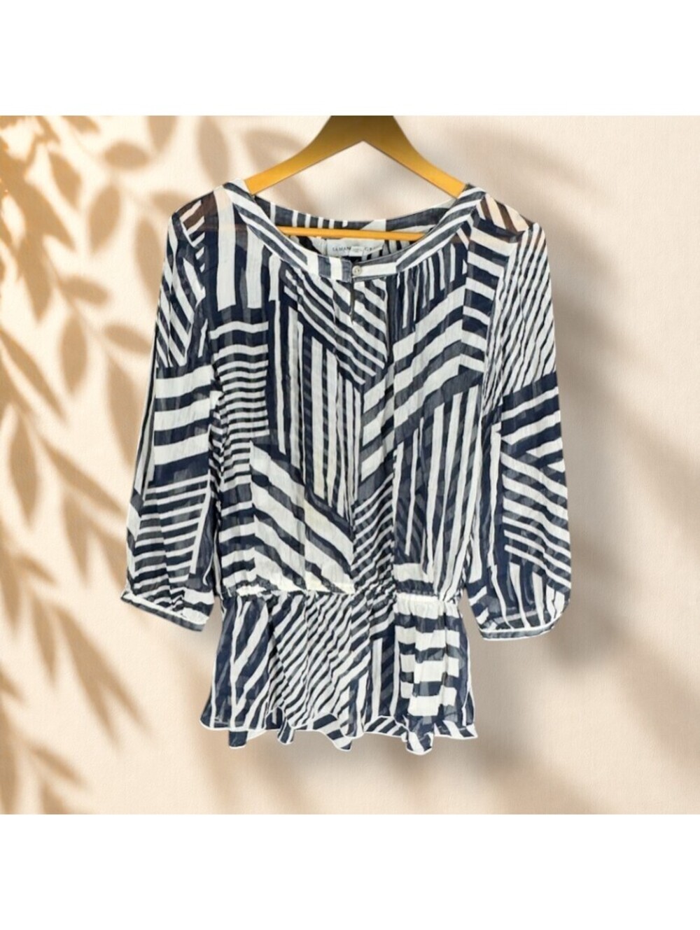 Samantha Grey Blouse Women 10 White Striped 3/4 Sleeve Sheer Lined Casual